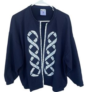 Vintage Jerzees Sweater Womens Extra Large Blue Quilted Floral Open Front